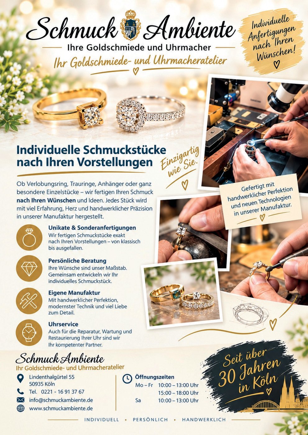 Faltblatt von Schmuck & Ambiente mit Schmuckstücken und Leistungen
