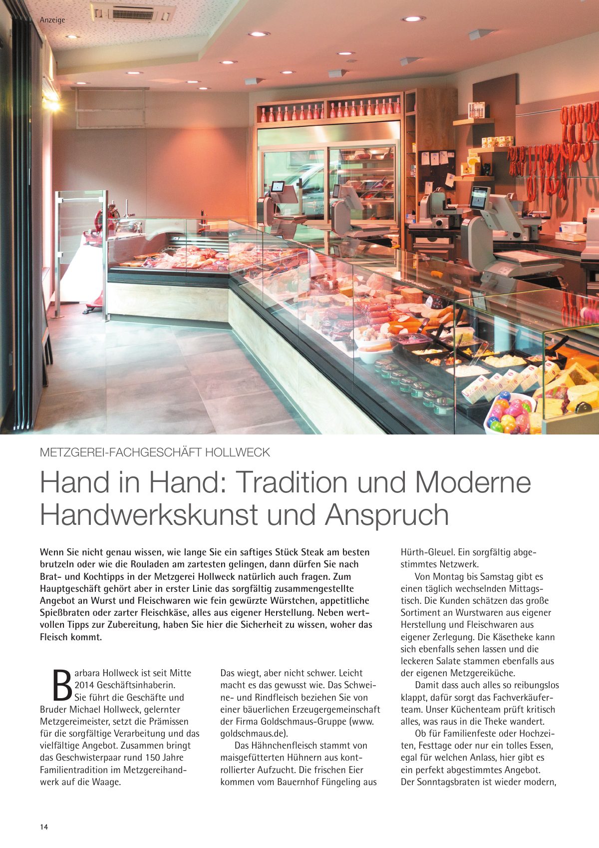 Seite 14 im Heft city [er]leben: Anzeige Metzgerei-Fachgeschäft Hollweck – Hand in Hand: Tradition und Moderne, Handwerkskunst und Anspruch.
