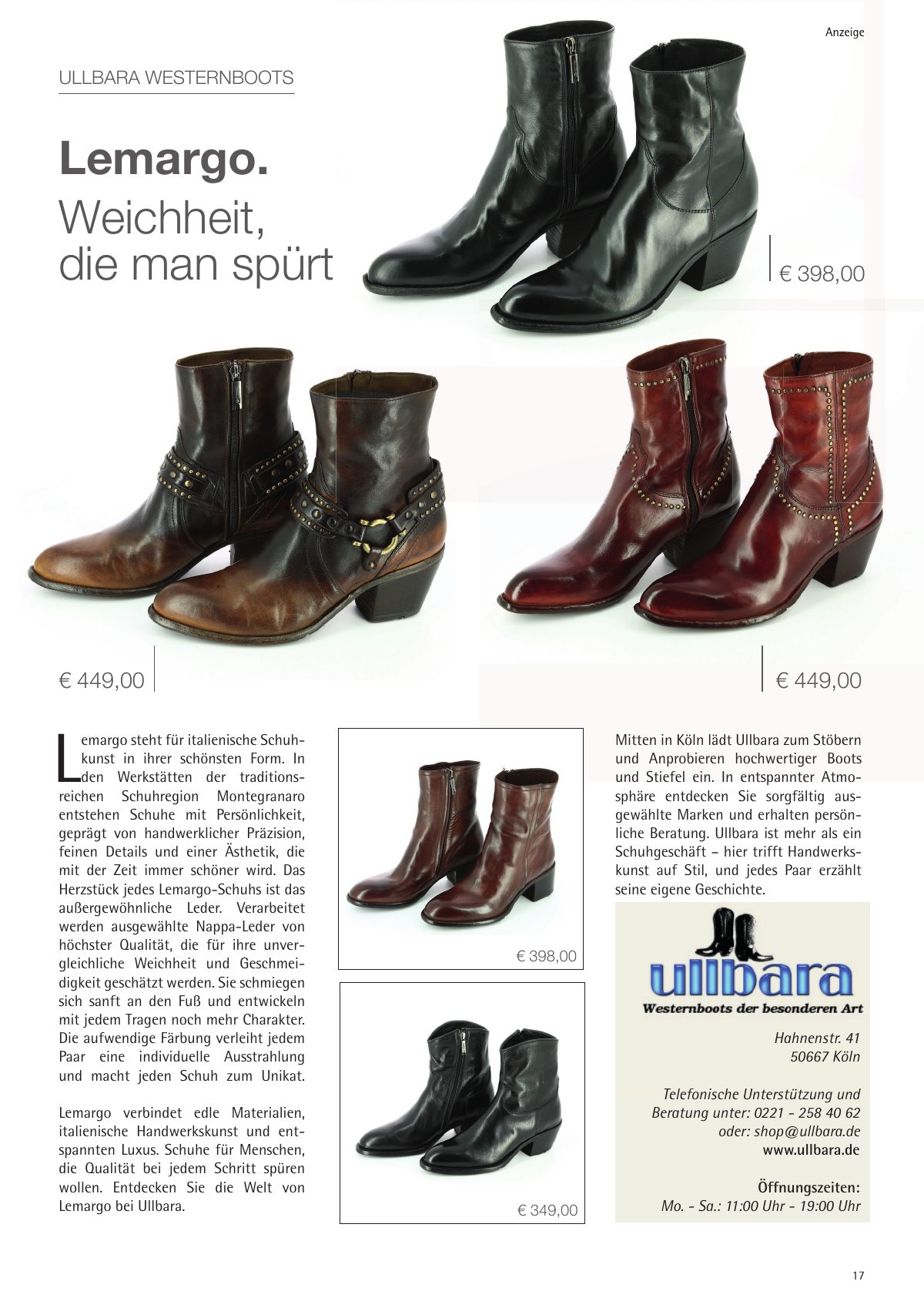 Seite 17 im Heft city [er]leben: Anzeige Ullbara Westernboots – Lemargo – Weichheit, die man spürt.
