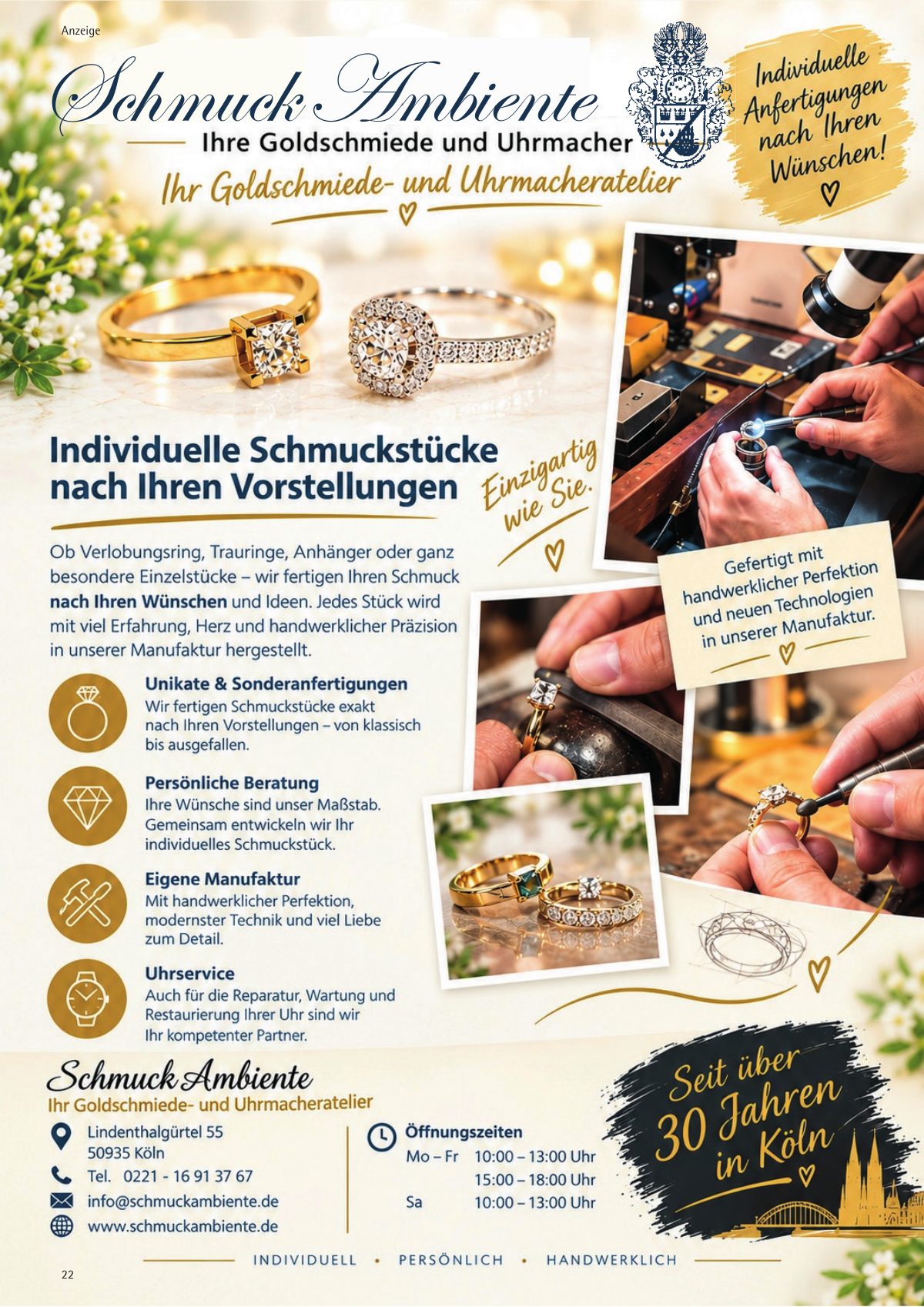 Seite 22 im Heft city [er]leben: Anzeige Schmuck Ambiente – Goldschmiede & individuelle Trauringe.