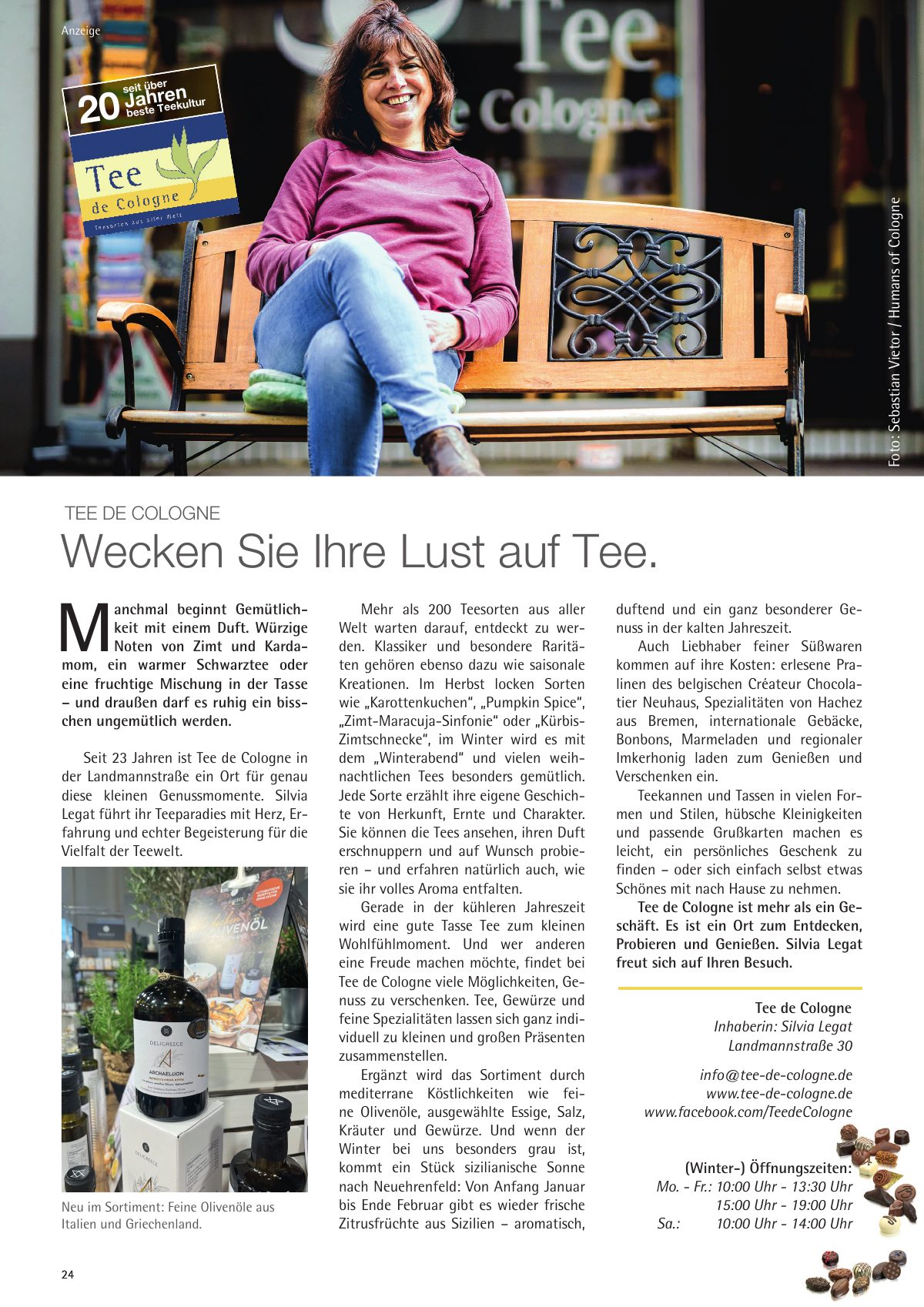 Seite 24 im Heft city [er]leben: Anzeige Tee de Cologne – Wecken Sie Ihre Lust auf Tee – seit 23 Jahren in der Landmannstraße.