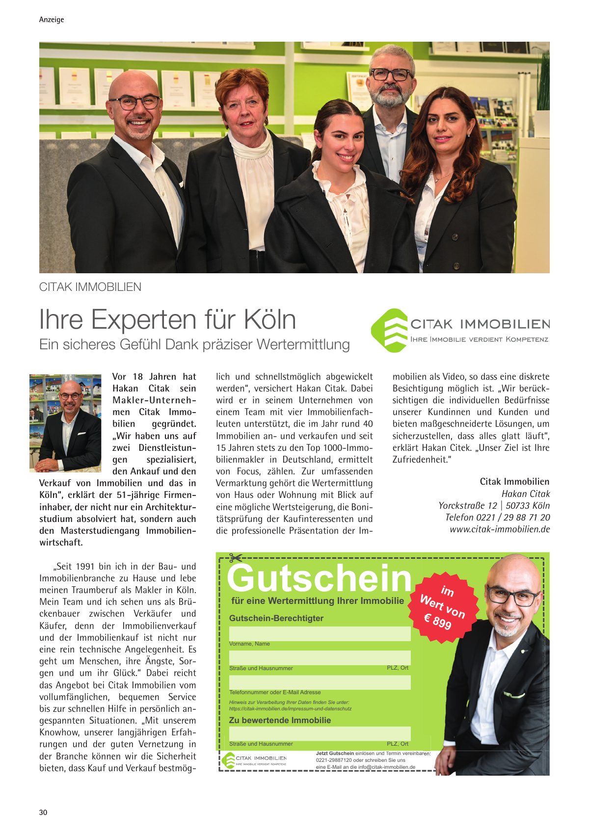 Seite 30 im Heft city [er]leben: Anzeige Citak Immobilien – Ein sicheres Gefühl dank präziser Wertermittlung – Ihre Experten für Köln.