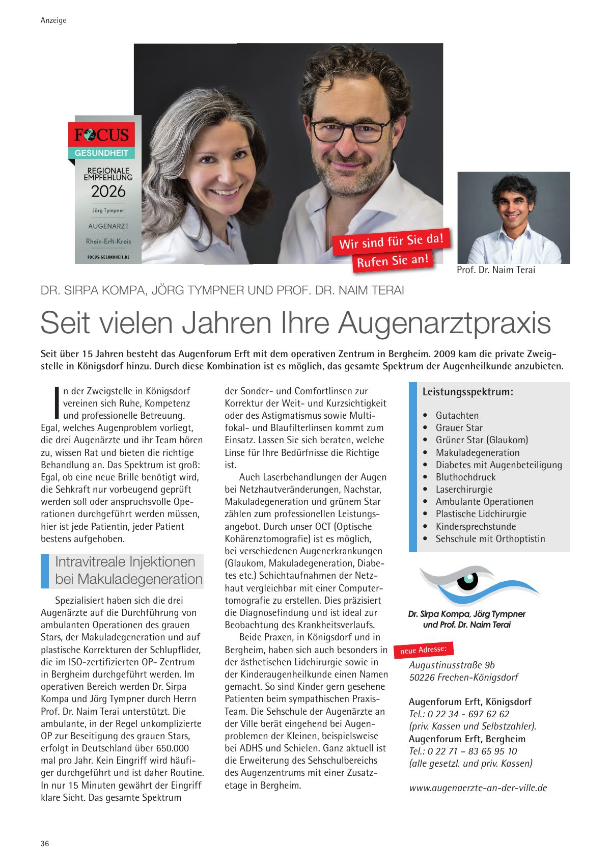 Seite 36 im Heft city [er]leben: Anzeige Augenärzte an der Ville – Dr. Kompa, Tympner, Prof. Dr. Terai – Seit vielen Jahren Ihre Augenarztpraxis in Königsdorf.