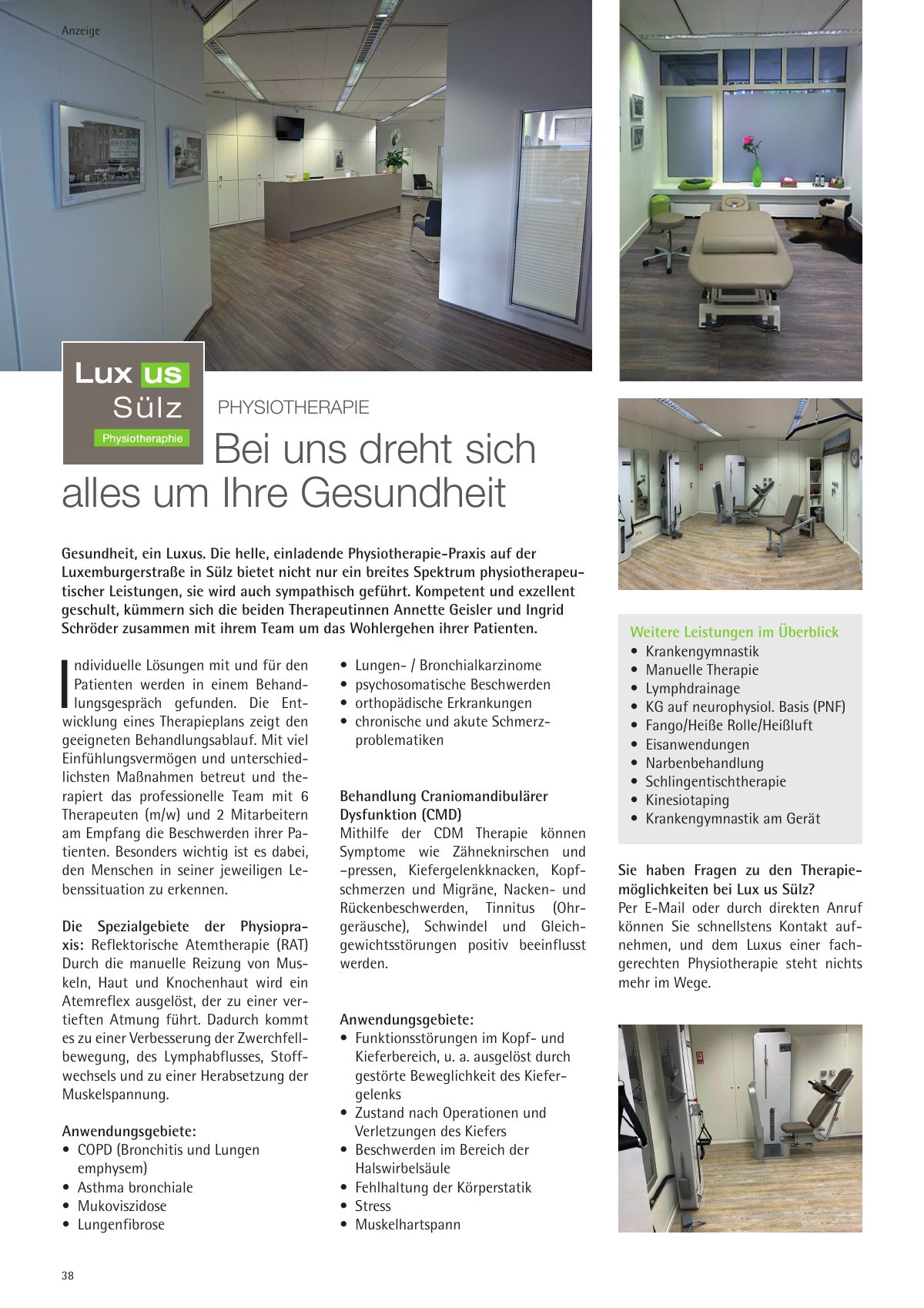 Seite 38 im Heft city [er]leben: Anzeige Lux us Sülz – Physiotherapie – Bei uns dreht sich alles um Ihre Gesundheit.
