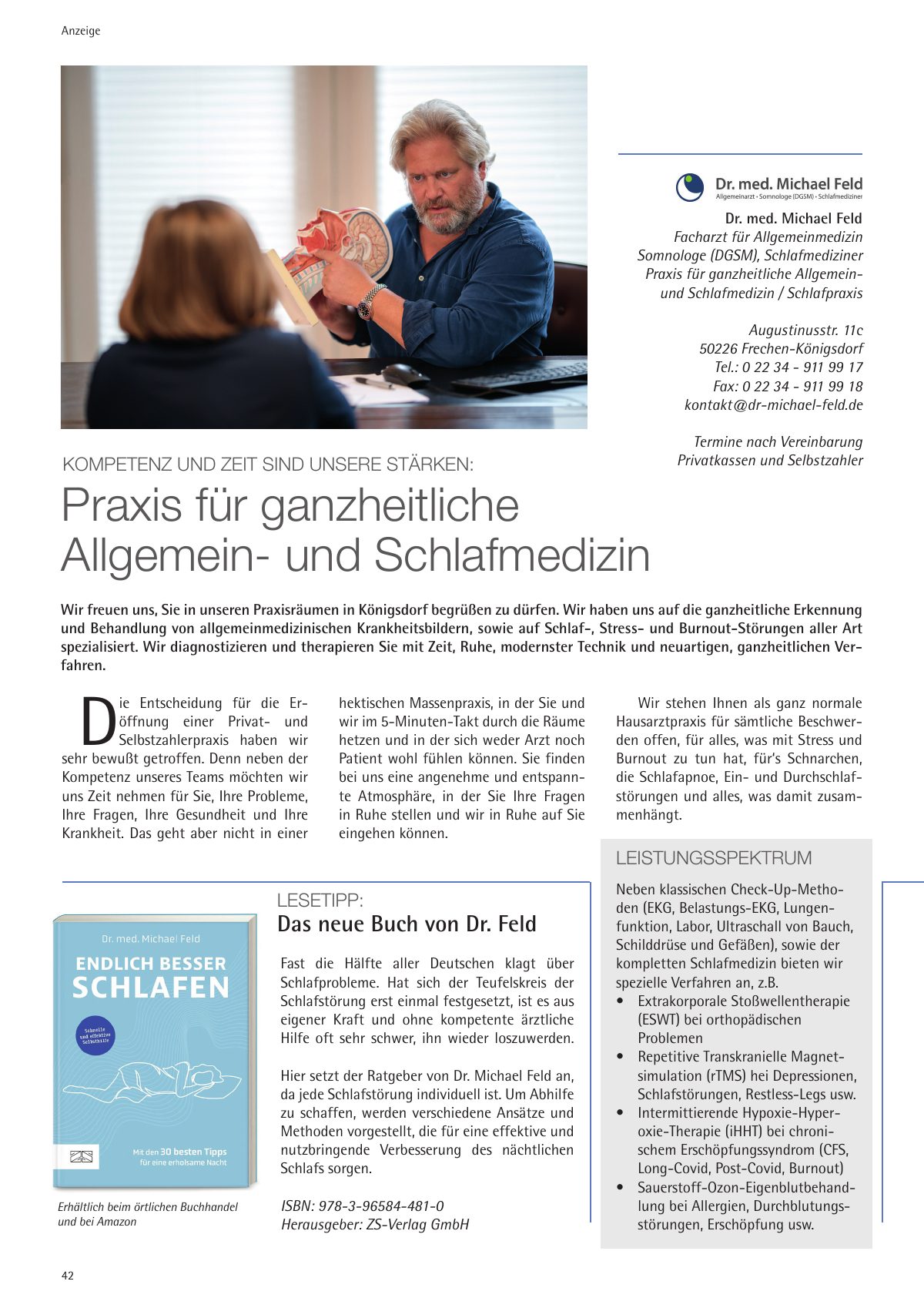 Seite 42 im Heft city [er]leben: Anzeige Dr. med. Michael Feld – Praxis für ganzheitliche Allgemein- und Schlafmedizin – Kompetenz und Zeit sind unsere Stärken.