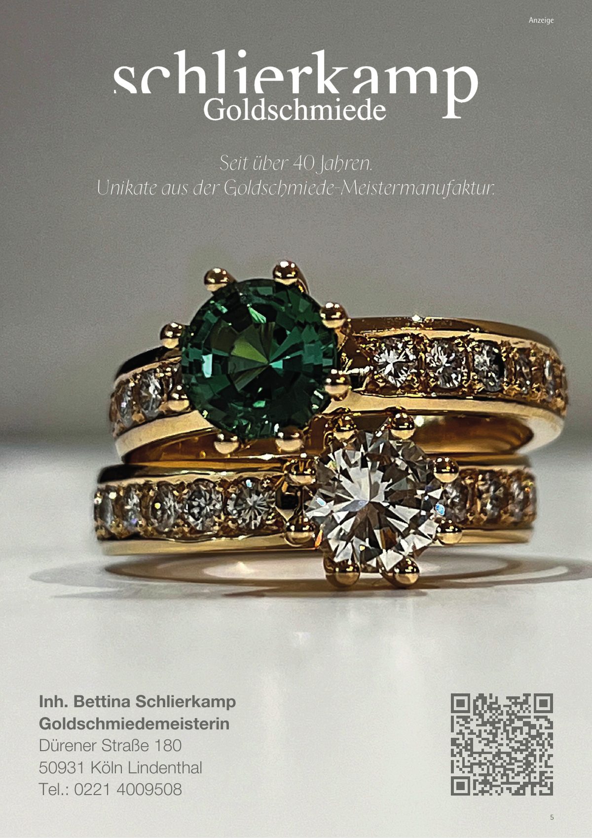 Seite 5 im Heft city [er]leben: Anzeige Goldschmiede Schlierkamp – Seit über 40 Jahren. Unikate aus der Goldschmiede-Meistermanufaktur.