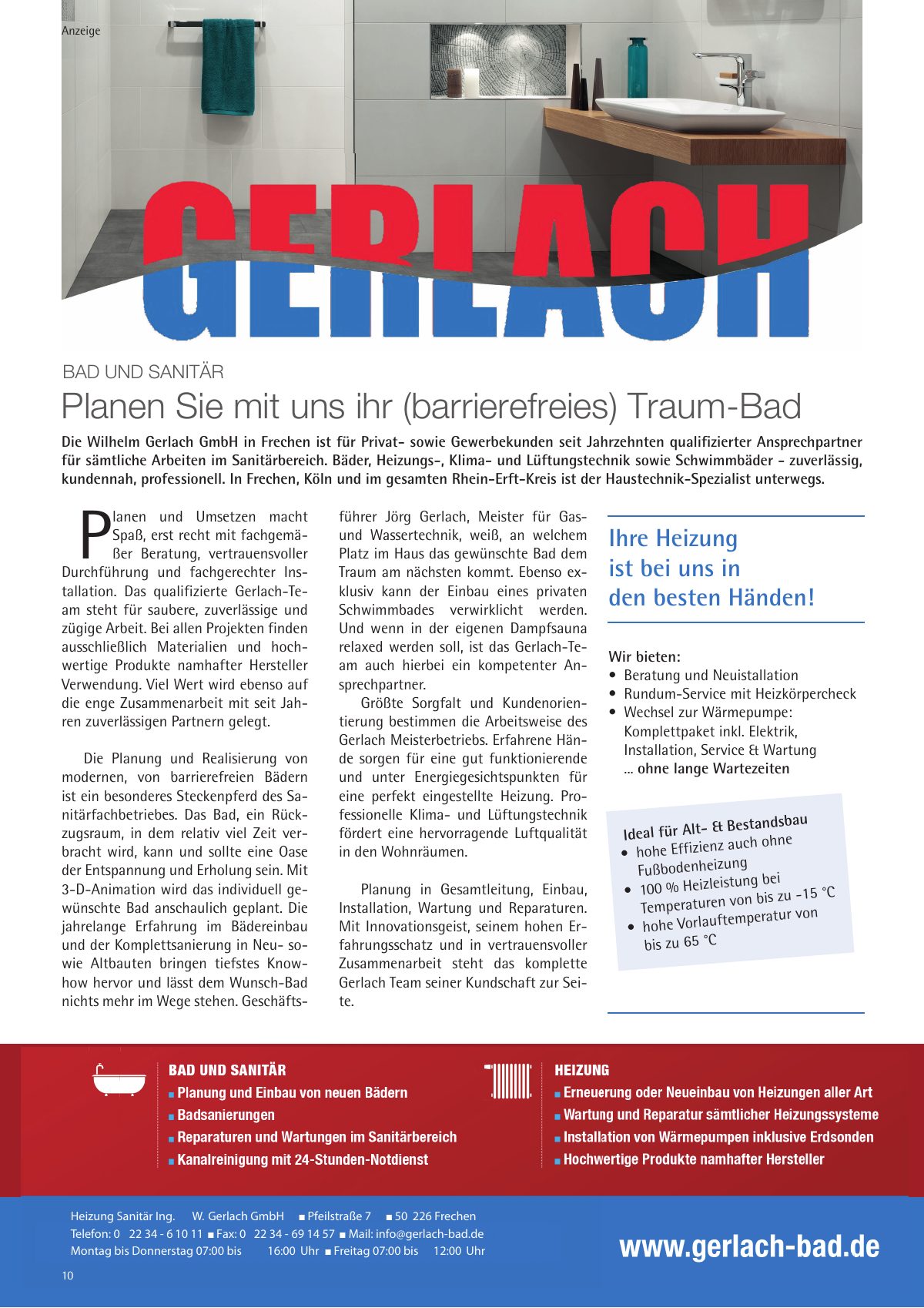 Seite 10 im Heft königsdorf [er]leben: Anzeige Heizung Sanitär Ing. W. Gerlach GmbH – Planen Sie Ihr Traum-Bad – jetzt Termin zur Heizungskontrolle vereinbaren.