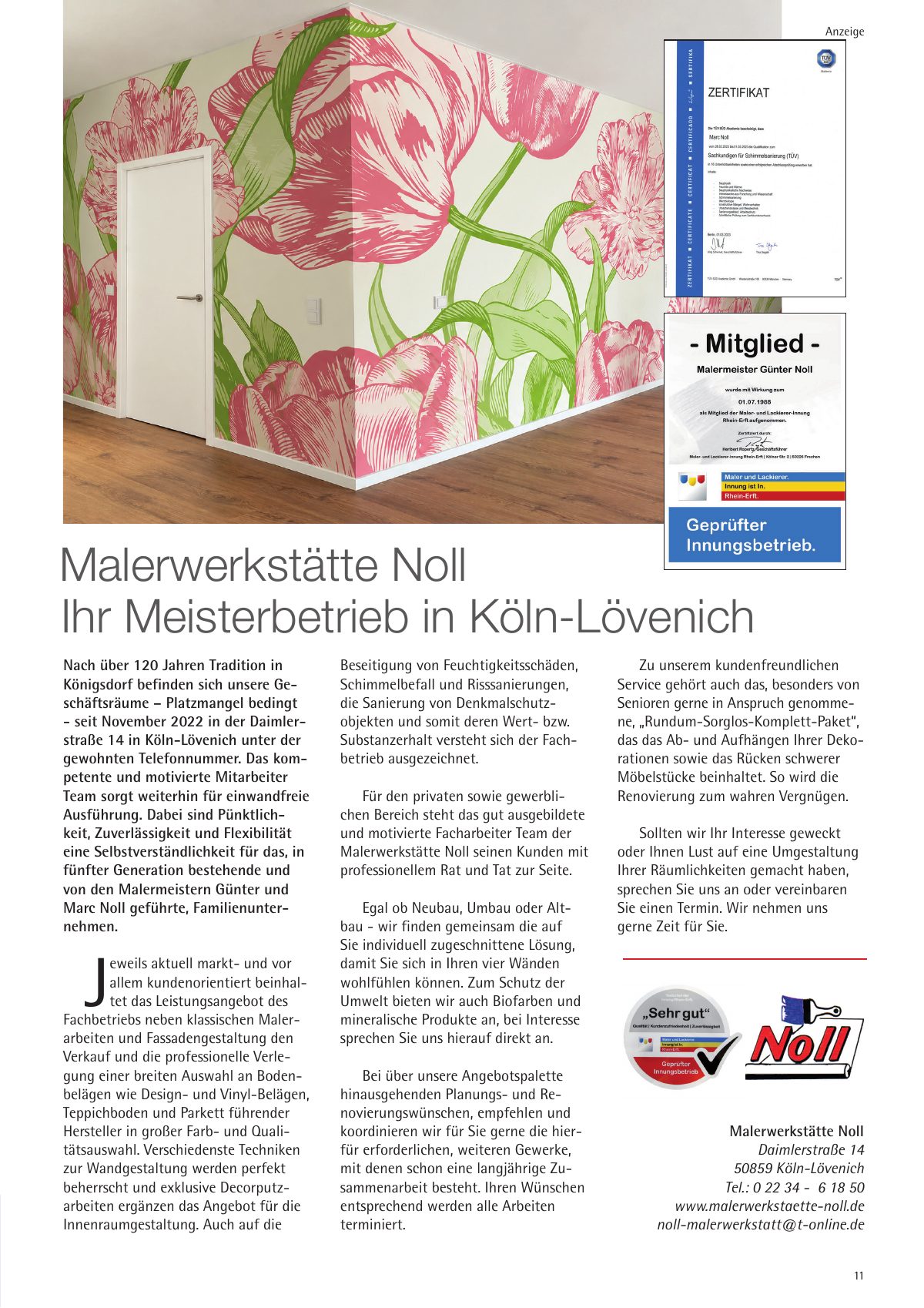 Seite 11 im Heft königsdorf [er]leben: Anzeige Malerwerkstätte Noll – Ihr Meisterbetrieb in Köln-Lövenich – in fünfter Generation.