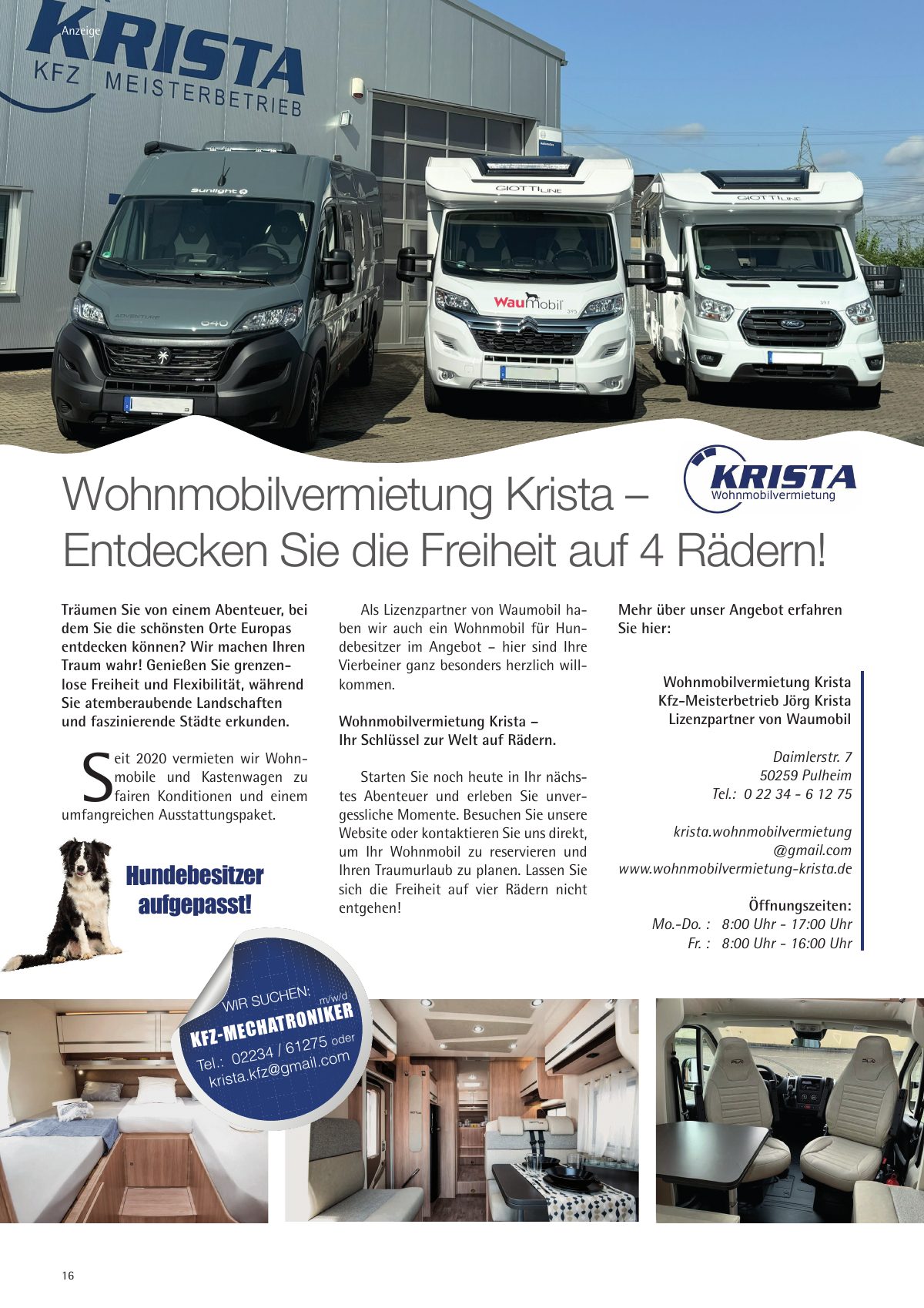 Seite 16 im Heft königsdorf [er]leben: Anzeige Wohnmobilvermietung Krista – Entdecken Sie die Freiheit auf vier Rädern – Ihr Schlüssel zur Welt auf Rädern.