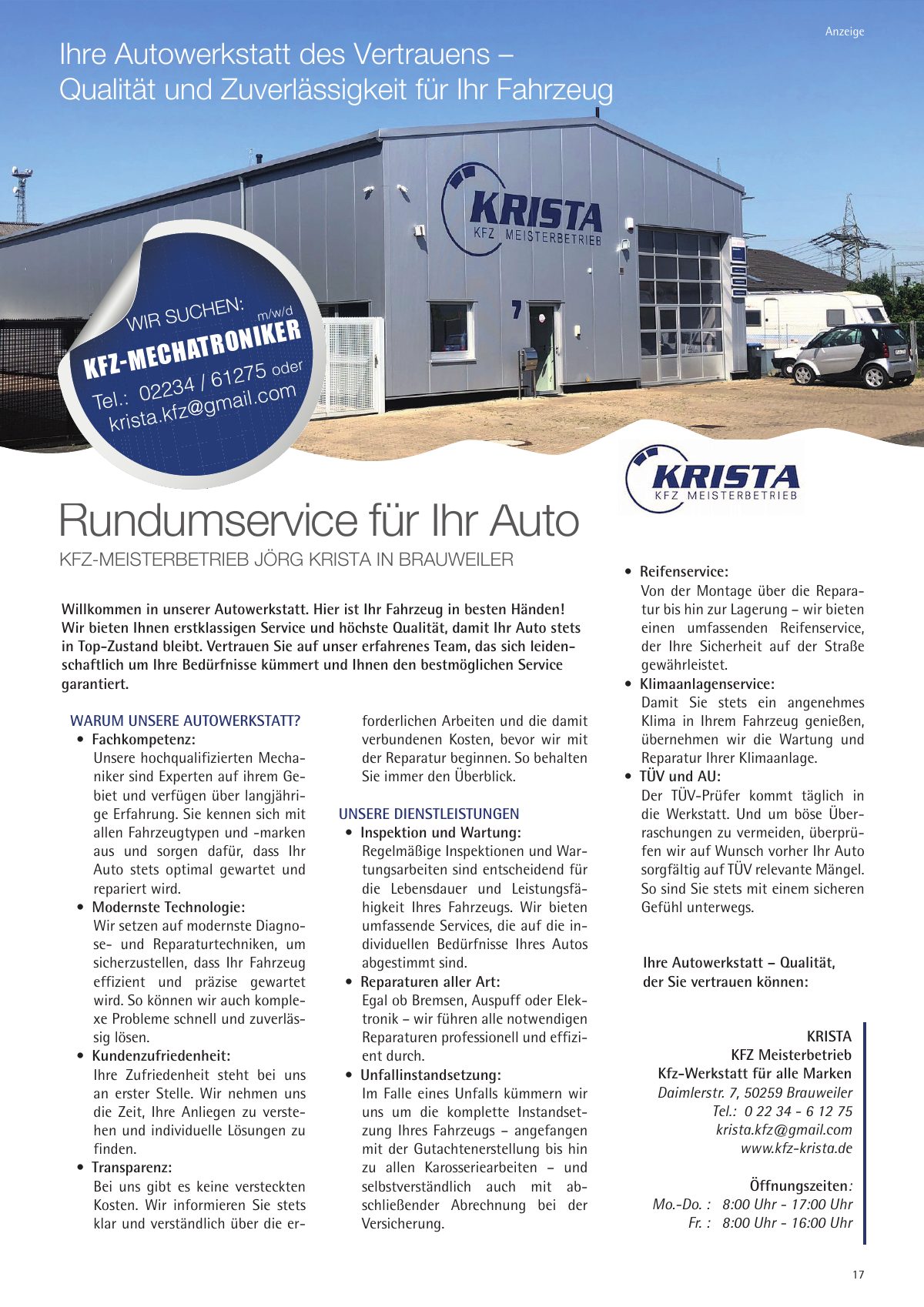 Seite 17 im Heft königsdorf [er]leben: Anzeige KRISTA Kfz-Meisterbetrieb – Autowerkstatt für alle Marken – Rundumservice für Ihr Auto – Ihre Autowerkstatt des Vertrauens in Brauweiler.