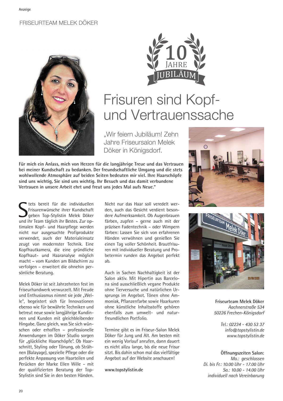 Seite 20 im Heft königsdorf [er]leben: Anzeige Friseurteam Melek Döker – Frisuren sind Kopf- und Vertrauenssache – zehn Jahre Friseursalon Melek Döker in Königsdorf.