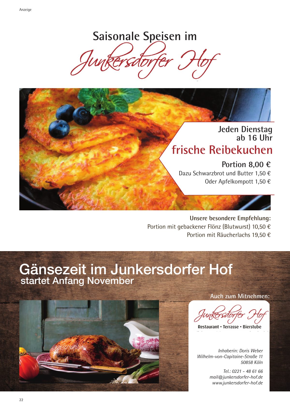 Seite 22 im Heft königsdorf [er]leben: Anzeige Junkersdorfer Hof – Treffpunkt im Ort – Kochen ist Kunst und Essen ist Kultur.