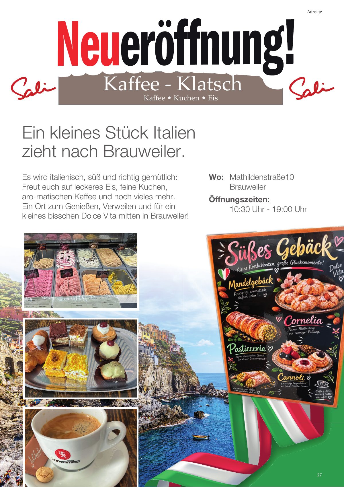 Seite 27 im Heft königsdorf [er]leben: Anzeige Kaffee-Klatsch Brauweiler – Neueröffnung: das neue Café mit italienischem Flair – Kaffee, Kuchen, Eis.
