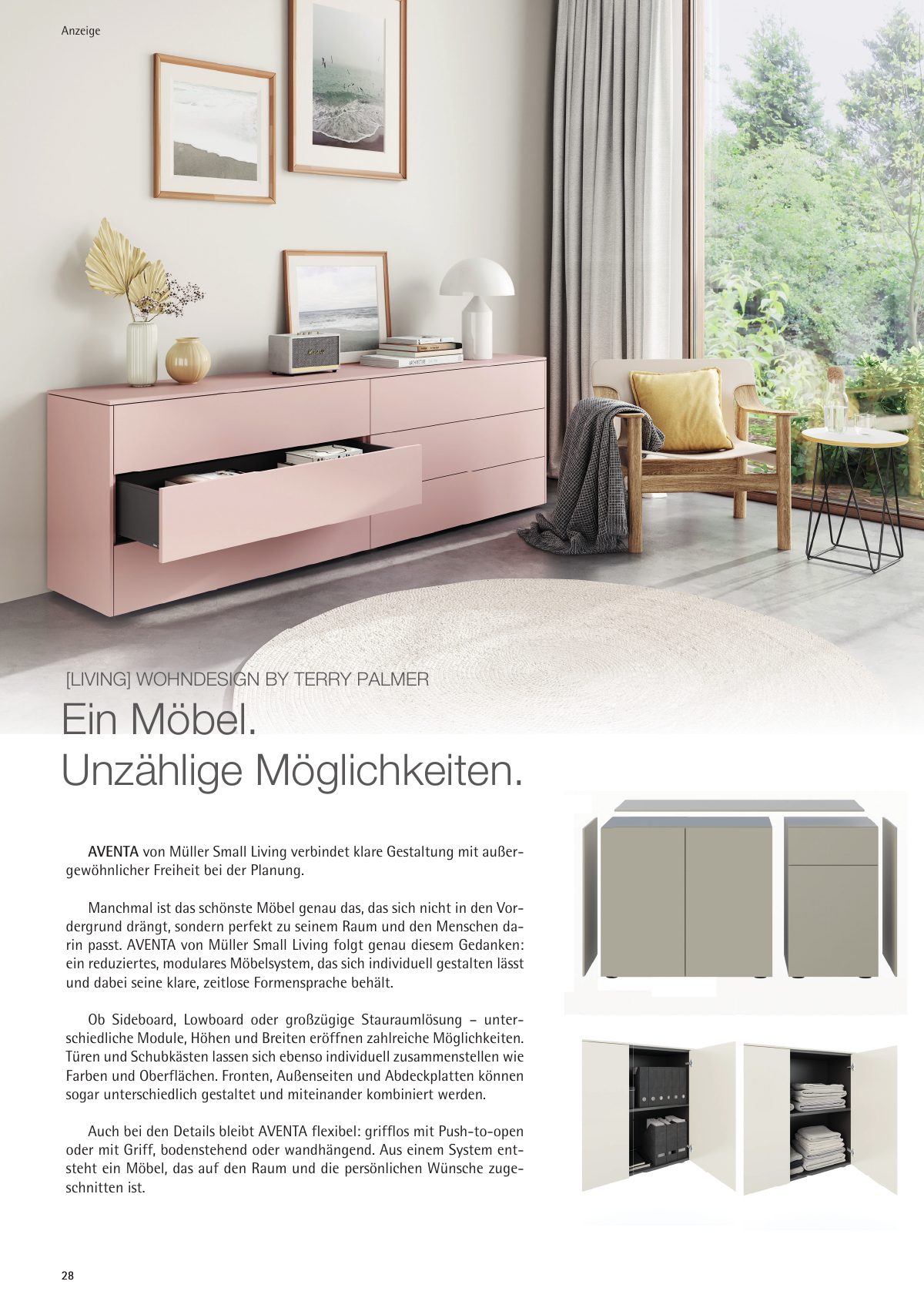 Seite 28 im Heft königsdorf [er]leben: Anzeige [living] wohndesign by Terry Palmer – Ein Möbel. Unzählige Möglichkeiten.
