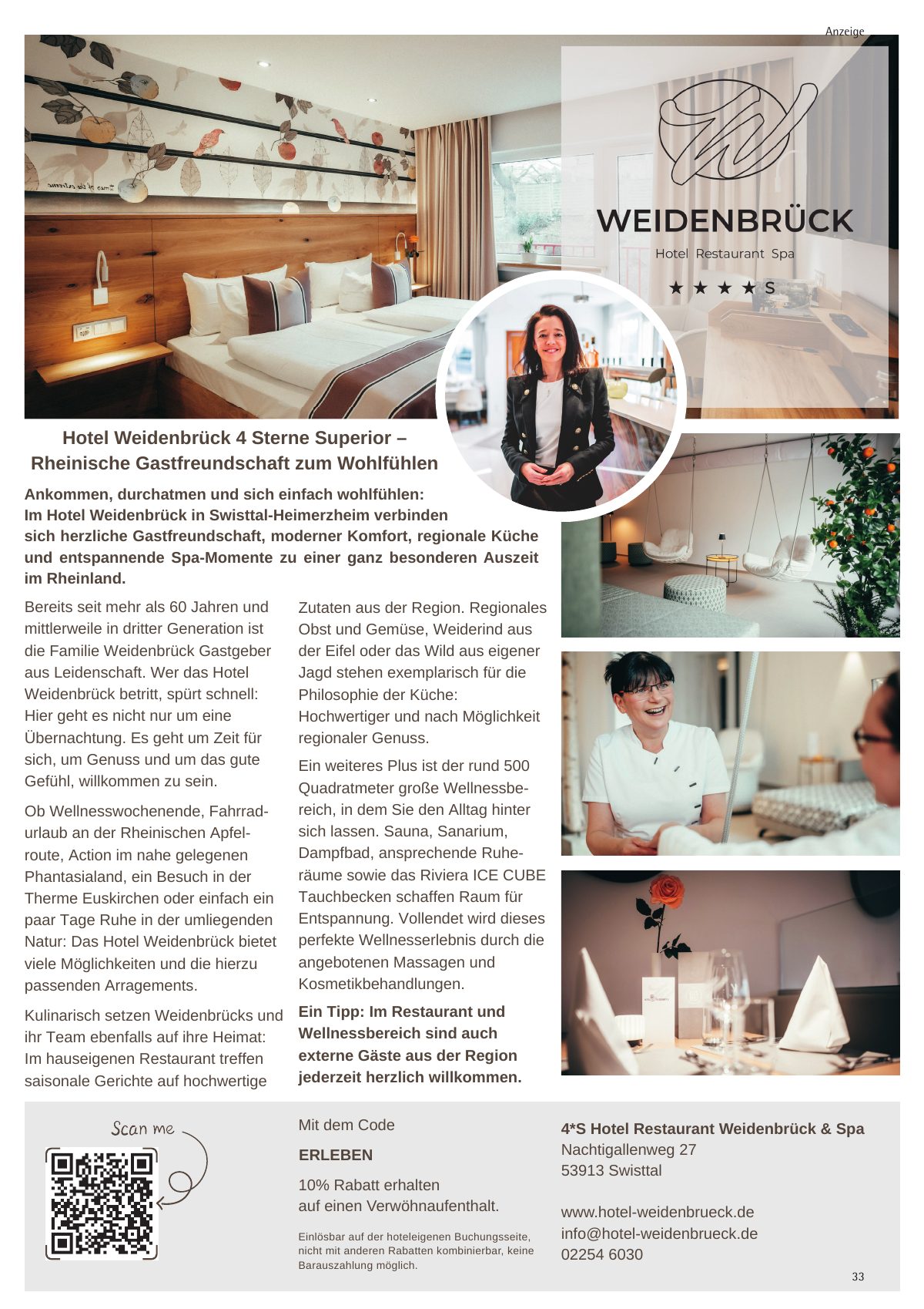 Seite 33 im Heft königsdorf [er]leben: Anzeige 4*S Hotel Restaurant Weidenbrück & Spa – Rheinische Gastfreundschaft zum Wohlfühlen – 4 Sterne Superior in Swisttal-Heimerzheim.