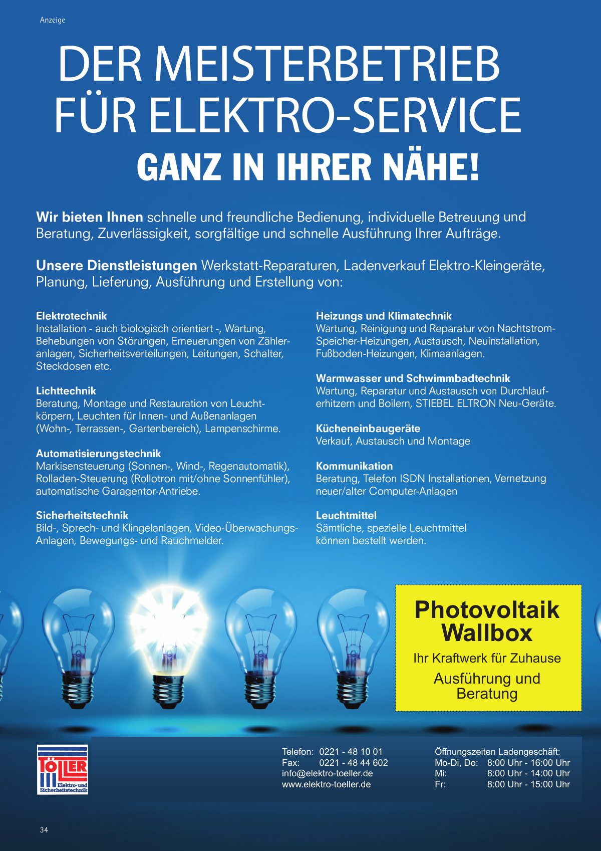 Seite 34 im Heft königsdorf [er]leben: Anzeige Elektroanlagen Bruno Töller OHG – Der Meisterbetrieb für Elektro-Service – Wallbox und Photovoltaik: Ihr Kraftwerk für zu Hause.