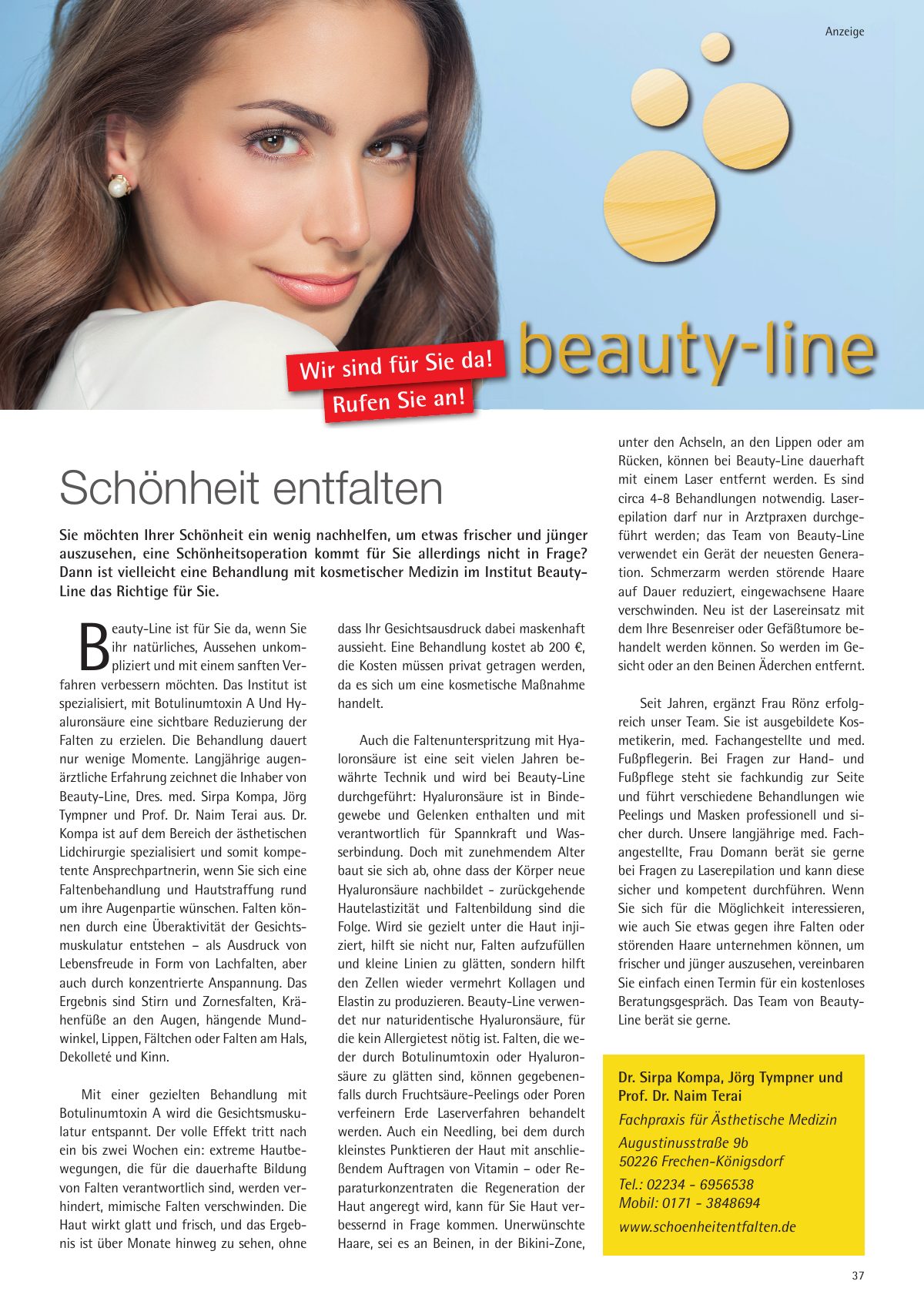 Seite 37 im Heft königsdorf [er]leben: Anzeige Beauty-Line – Schönheit entfalten – kosmetische Medizin mit augenärztlicher Erfahrung.