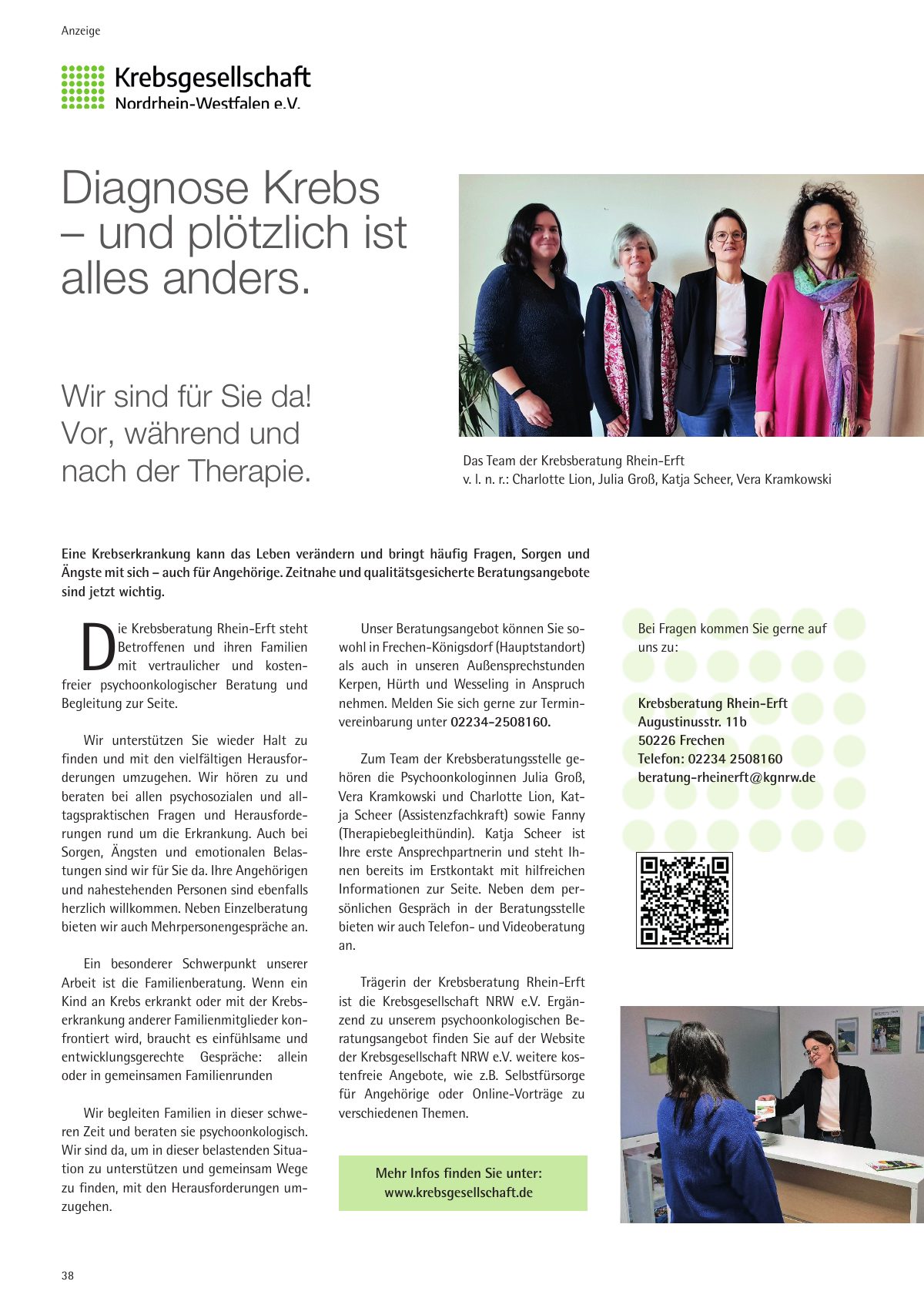 Seite 38 im Heft königsdorf [er]leben: Anzeige Krebsberatung Rhein-Erft – Wir sind für Sie da! Vor, während und nach der Therapie.