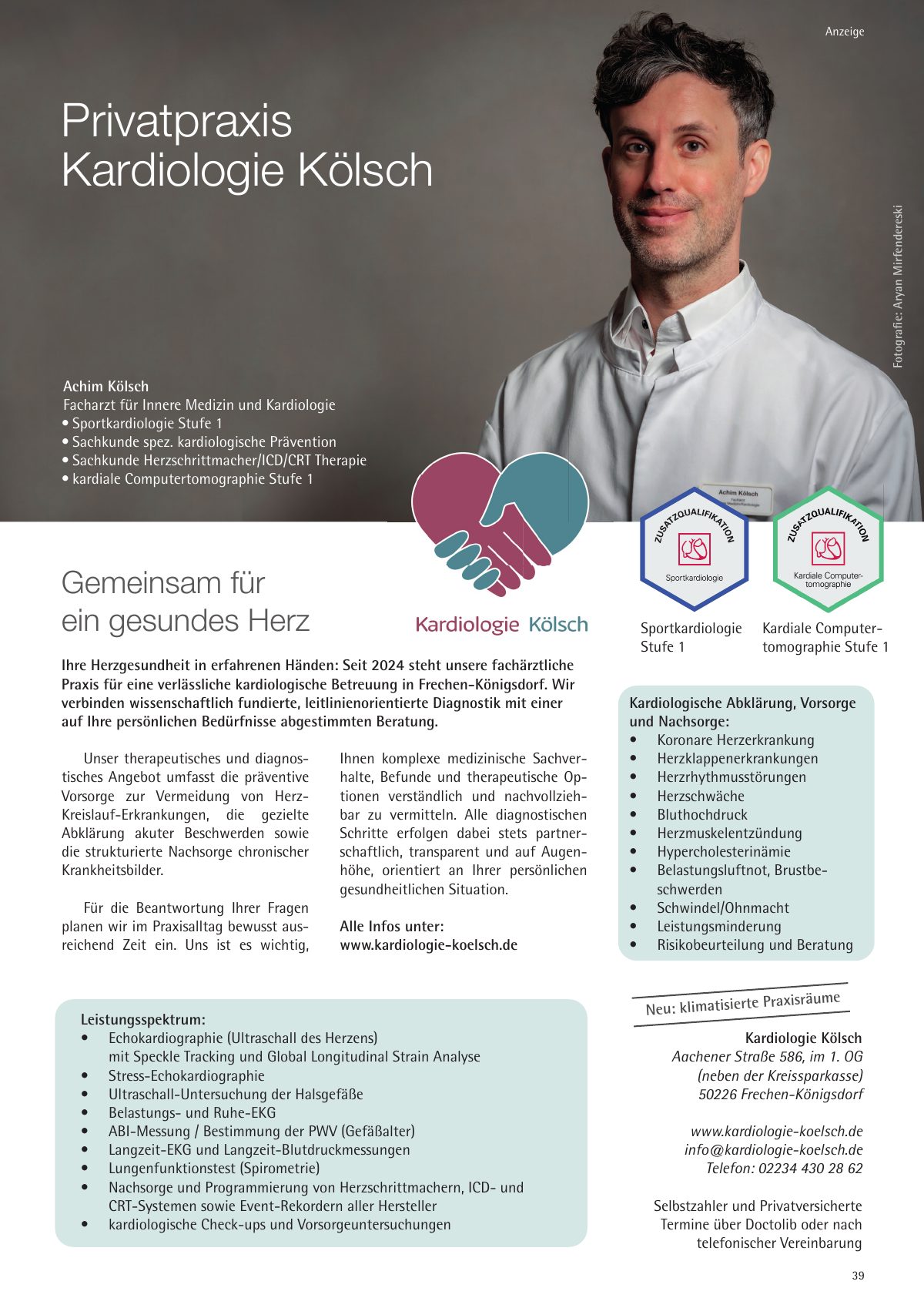 Seite 39 im Heft königsdorf [er]leben: Anzeige Privatpraxis Kardiologie Kölsch – Gemeinsam für ein gesundes Herz.