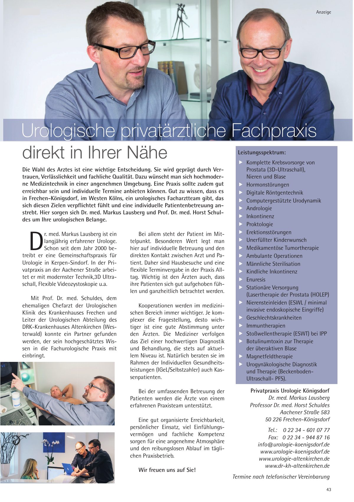 Seite 43 im Heft königsdorf [er]leben: Anzeige Privatpraxis Urologie Königsdorf – Dr. med. Markus Lausberg – Bei allem steht der Patient im Mittelpunkt.