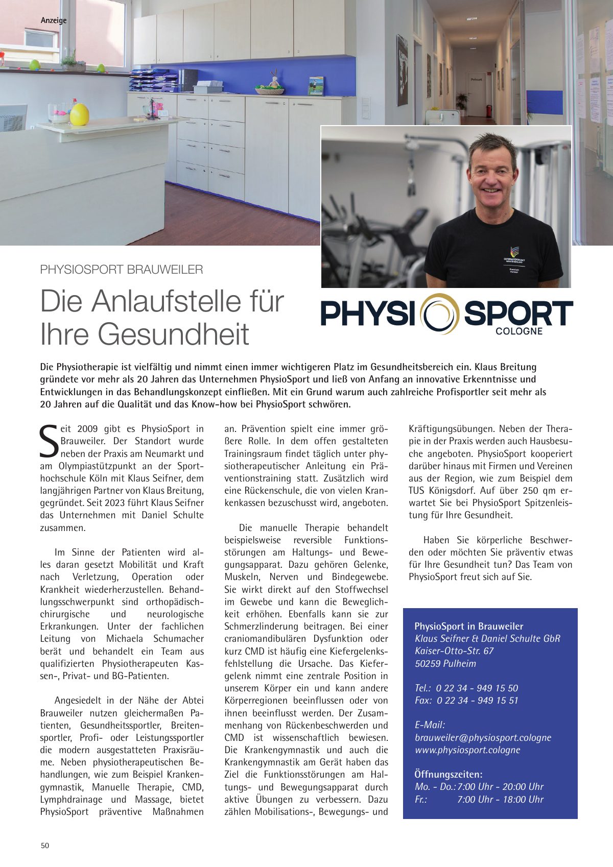 Seite 50 im Heft königsdorf [er]leben: Anzeige PhysioSport Brauweiler – Die Anlaufstelle für Ihre Gesundheit.