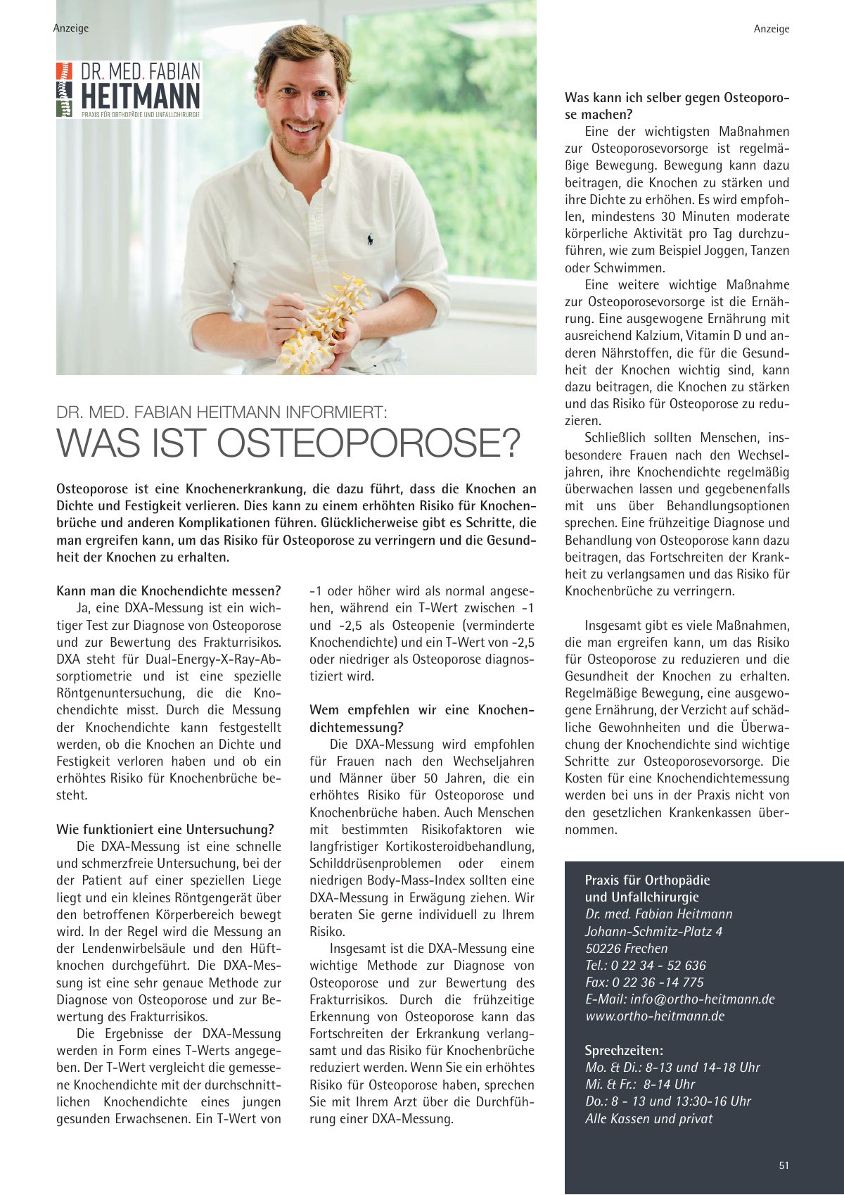 Seite 51 im Heft königsdorf [er]leben: Anzeige Dr. med. Fabian Heitmann – Orthopädie – Was ist Osteoporose? Dr. med. Fabian Heitmann informiert.