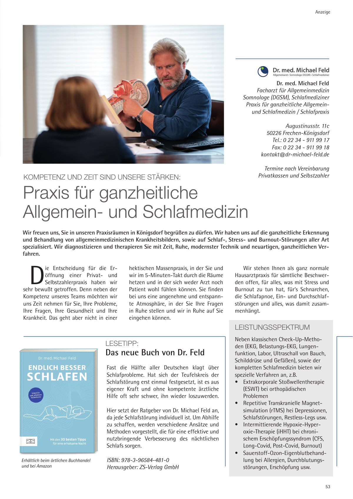 Seite 53 im Heft königsdorf [er]leben: Anzeige Dr. med. Michael Feld – Praxis für ganzheitliche Allgemein- und Schlafmedizin – Kompetenz und Zeit sind unsere Stärken.