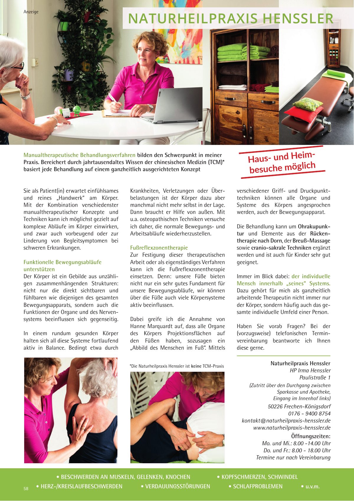Seite 58 im Heft königsdorf [er]leben: Anzeige Naturheilpraxis Henssler – HP Irma Henssler – Sie als Patientin oder Patient erwartet einfühlsames und reines „Handwerk“ am Körper.