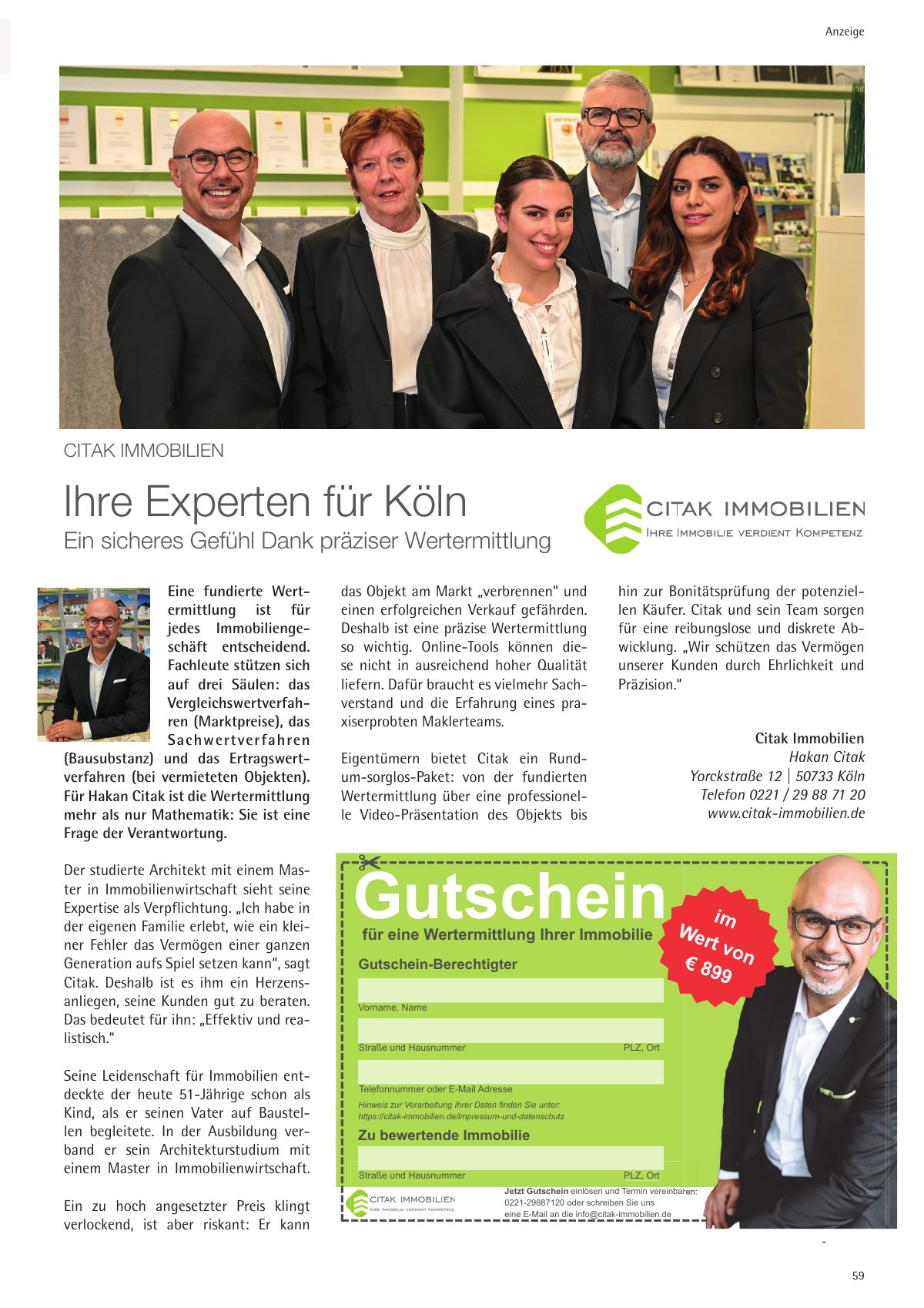 Seite 59 im Heft königsdorf [er]leben: Anzeige Citak Immobilien – Ein sicheres Gefühl dank präziser Wertermittlung – Ihre Experten für Köln.