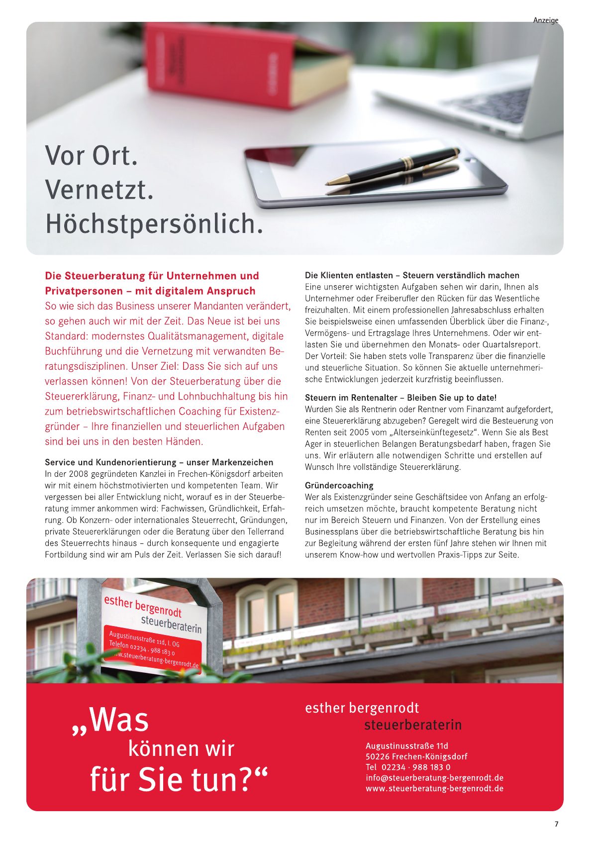 Seite 7 im Heft königsdorf [er]leben: Anzeige Steuerberaterin Esther Bergenrodt – Ihre Steuerberaterin vor Ort.