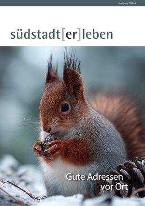 Umschlag südstadt [er]leben, Ausgabe 2/2026: ein Eichhörnchen im Schnee