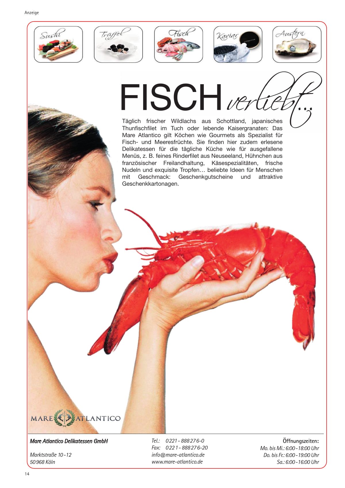 Seite 14 im Heft südstadt [er]leben: Anzeige Mare Atlantico Delikatessen – Fisch verliebt – Spezialist für Fisch und Meeresfrüchte.