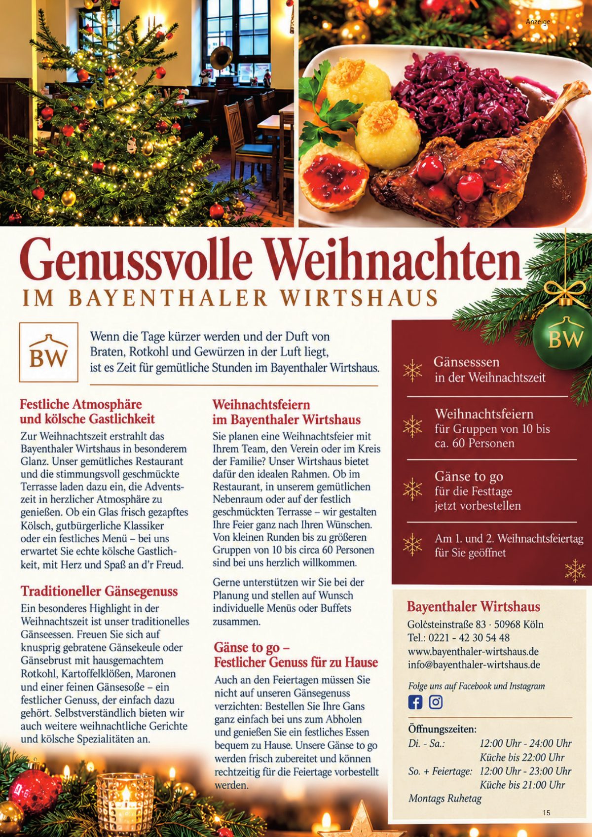 Seite 15 im Heft südstadt [er]leben: Anzeige Bayenthaler Wirtshaus – Genussvolle Weihnachten im Bayenthaler Wirtshaus – echte kölsche Gastlichkeit.
