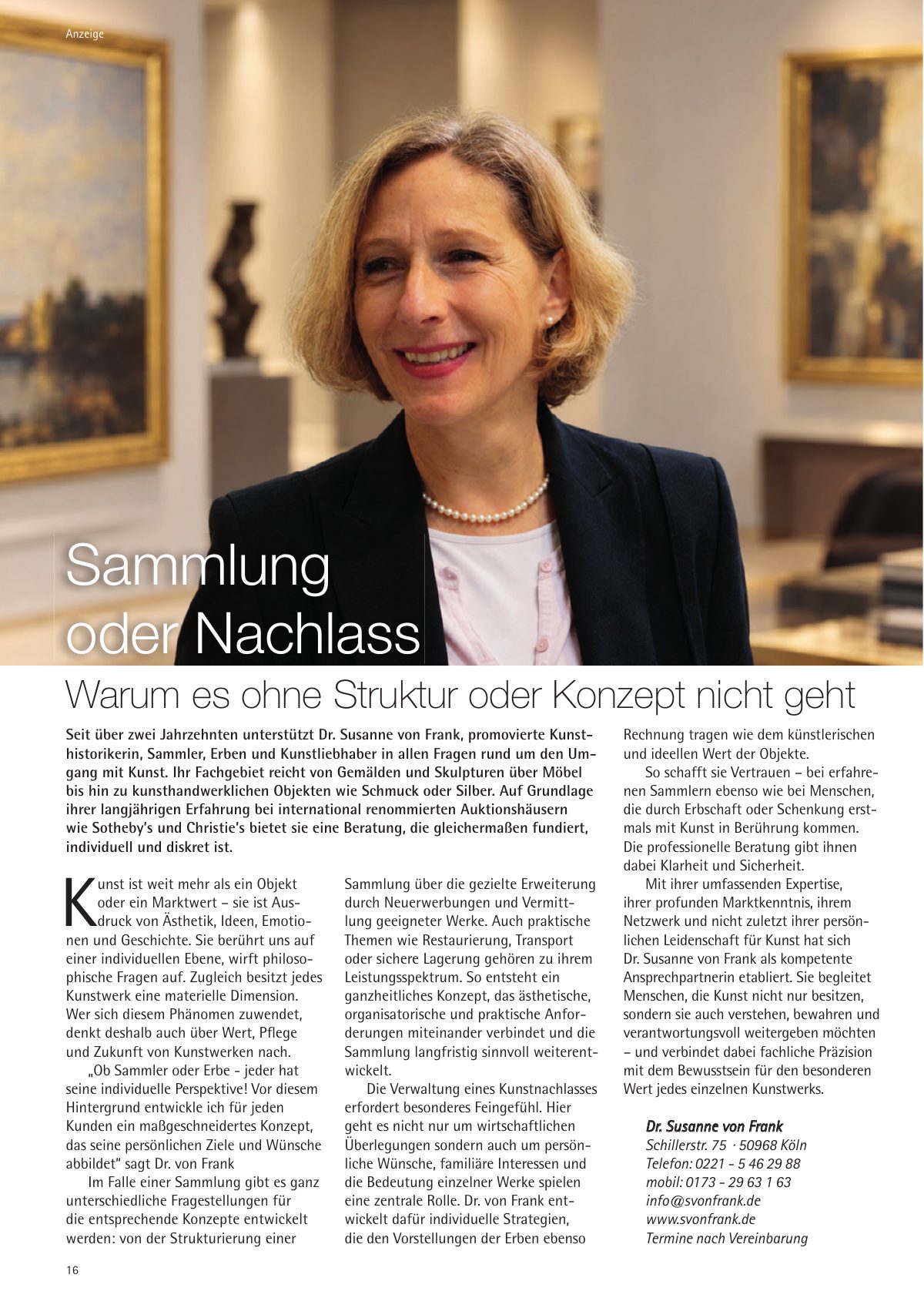 Seite 16 im Heft südstadt [er]leben: Anzeige Kunstberatung Dr. Susanne von Frank – Sammlung oder Nachlass – warum es ohne Struktur oder Konzept nicht geht.
