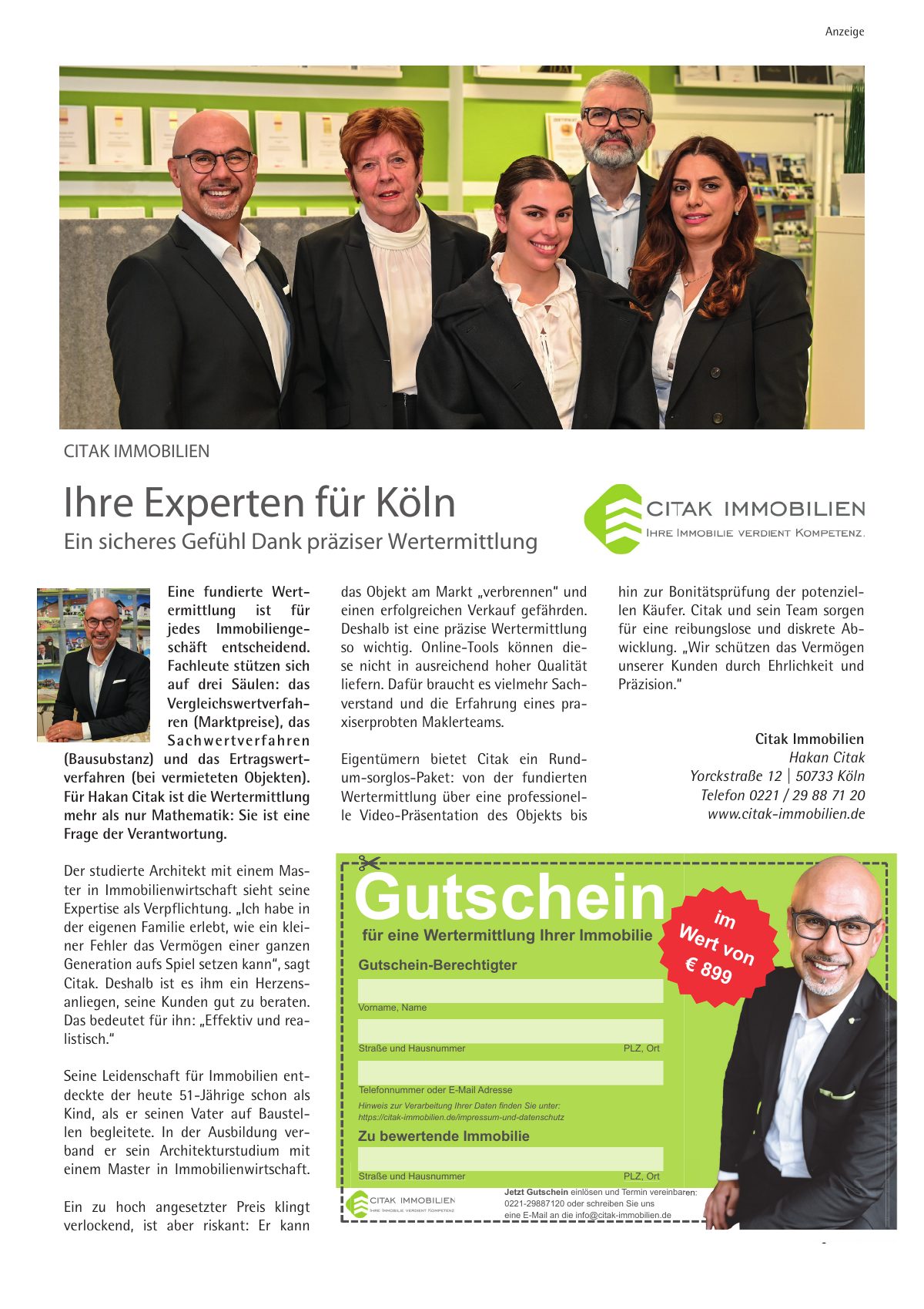 Seite 18 im Heft südstadt [er]leben: Anzeige Citak Immobilien – Ein sicheres Gefühl dank präziser Wertermittlung – Ihre Experten für Köln.