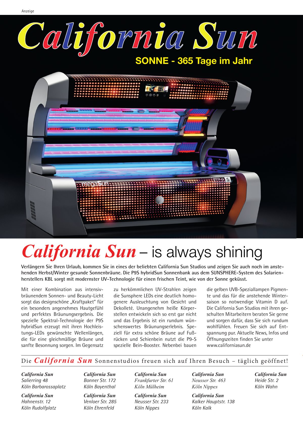 Seite 2 im Heft südstadt [er]leben: Anzeige California Sun – California Sun – is always shining. Täglich geöffnet.