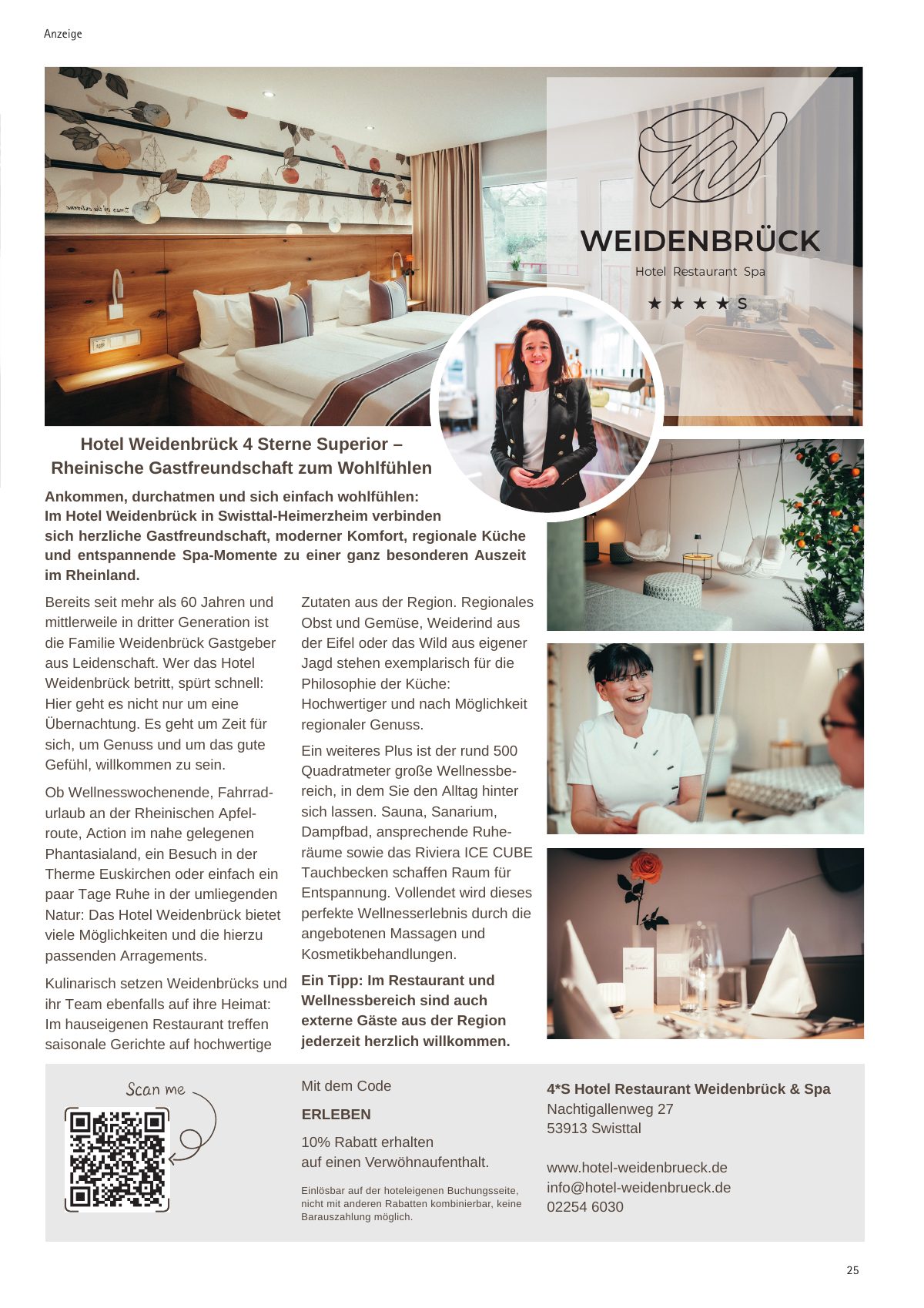 Seite 25 im Heft südstadt [er]leben: Anzeige 4*S Hotel Restaurant Weidenbrück & Spa – Rheinische Gastfreundschaft zum Wohlfühlen – 4 Sterne Superior in Swisttal-Heimerzheim.