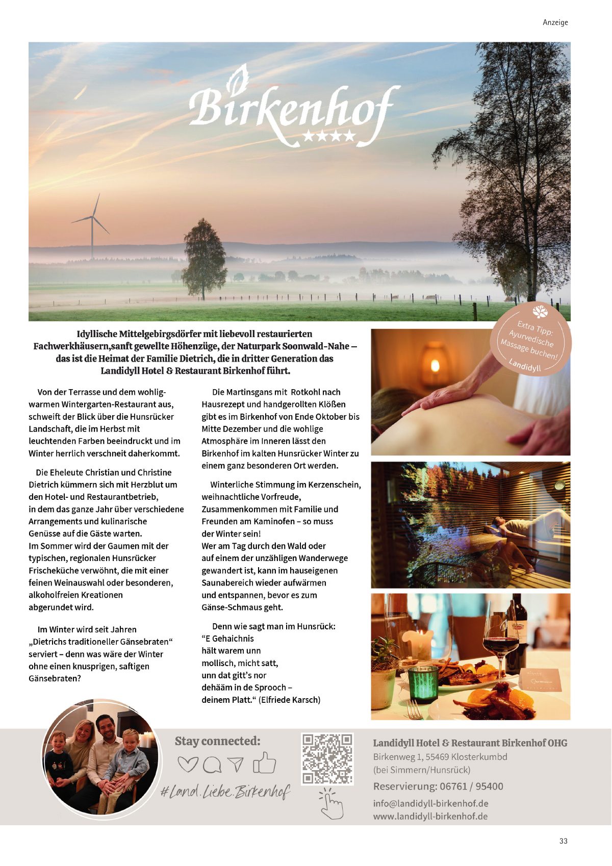 Seite 33 im Heft südstadt [er]leben: Anzeige Landidyll Hotel & Restaurant Birkenhof – Urlaub im Hunsrück – und im Winter „Dietrichs traditioneller Gänsebraten“.