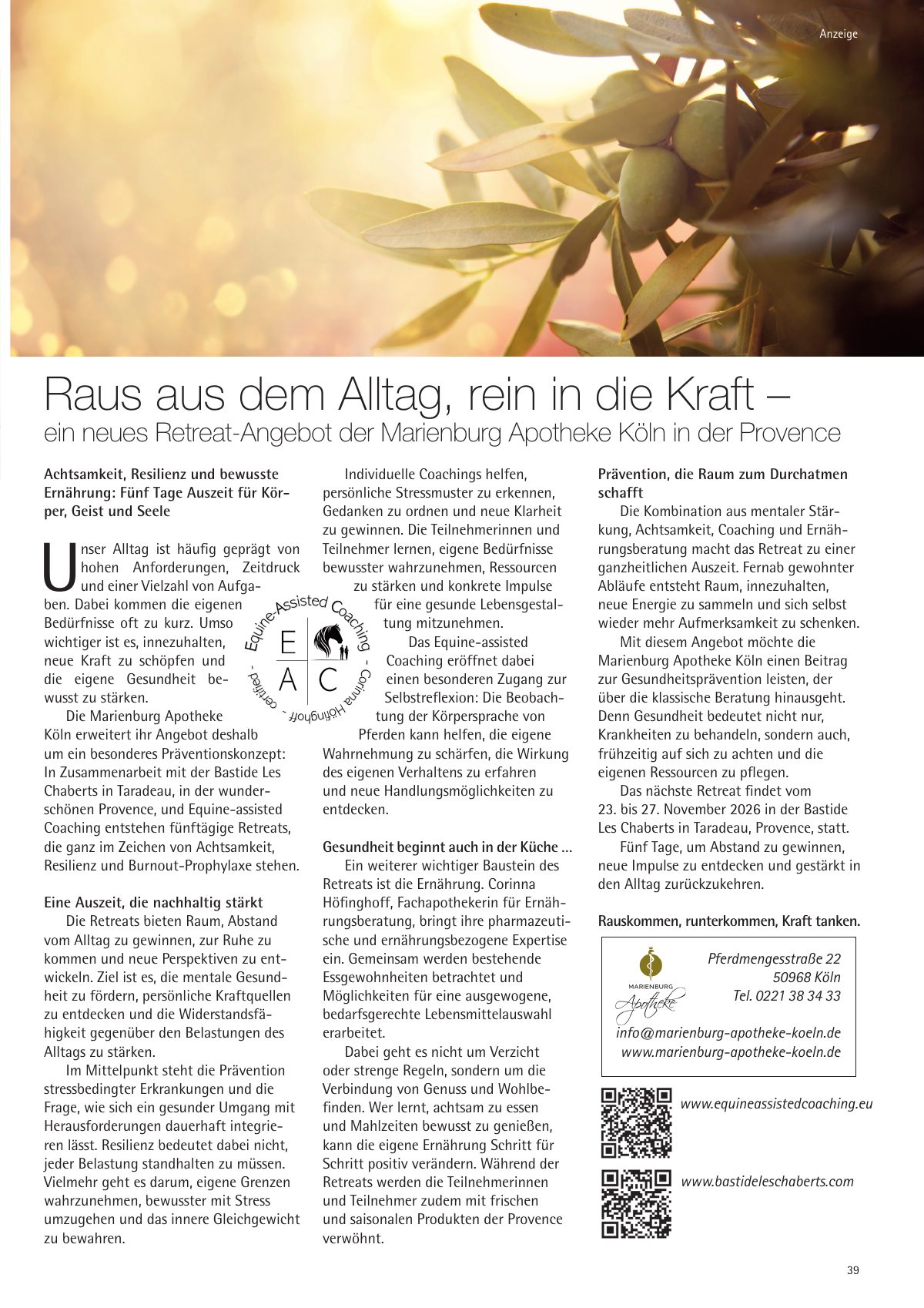 Seite 39 im Heft südstadt [er]leben: Anzeige Marienburg Apotheke Köln – Raus aus dem Alltag, rein in die Kraft – Rauskommen, runterkommen, Kraft tanken.