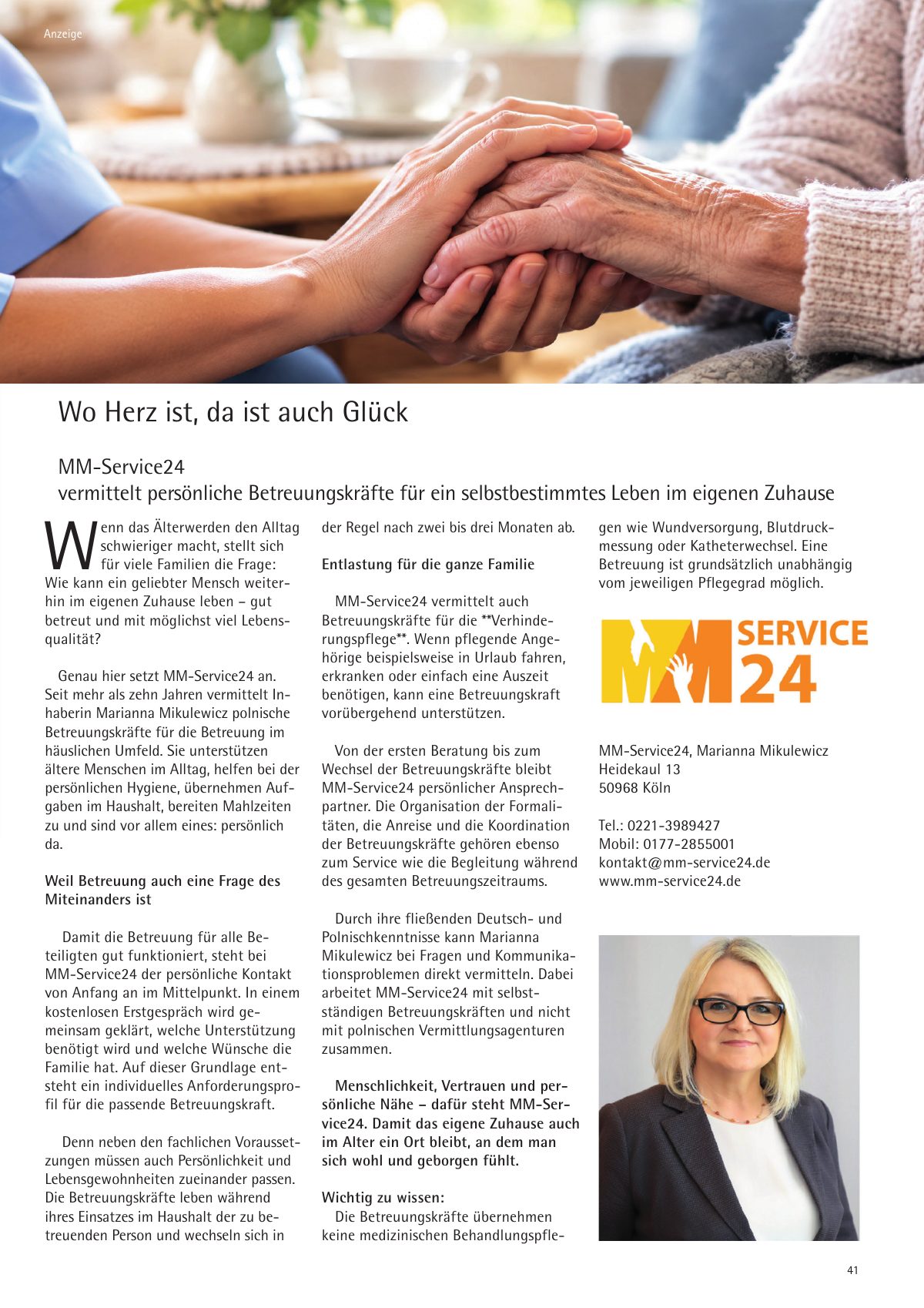 Seite 41 im Heft südstadt [er]leben: Anzeige MM-Service24 – Vermittlung von Betreuungskräften – Wo Herz ist, da ist auch Glück.